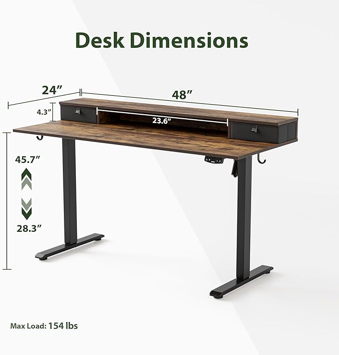 Electric Standing Desk with 2 Drawers, 48 x 24 Inches Height Adjustable Desk, 2 fabric drawers, Rustic Brown - LeafyLoom