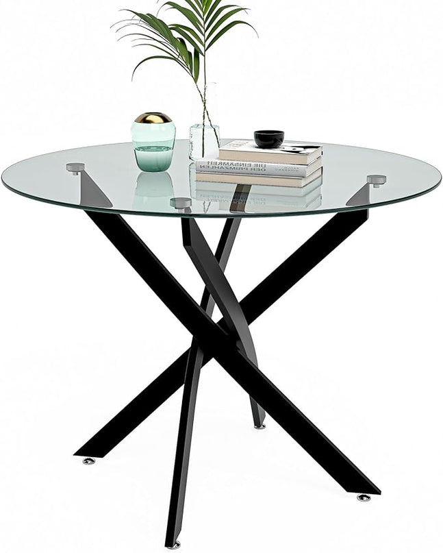 Round Dining Table for 2-4, 31.5 Inch Tempered Glass Small Circle Kitchen Table with Metal Black Legs, Modern Dining Room Table for Kitchen Dining Room (Black) - LeafyLoom