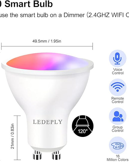 GU10 Smart Spot Light Bulb Compatible with Alexa, Google Home, SmartThings, 5W WiFi LED Track Light Bulbs, Color Changing, No Hub Required, 4 Pack LEDEPLY