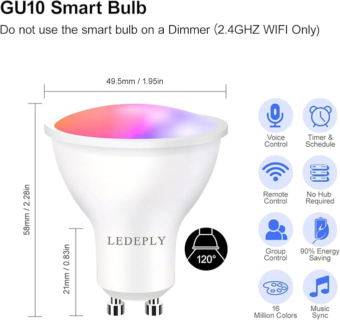 WiFi GU10 LED Smart Spot Light Bulb, 5W=40W, Compatible with Alexa Google Home, Dimmable, Tunable White(2700k-6500k), Smart LED Bulb Remote Control, No Flickering, 2 Pack LEDEPLY