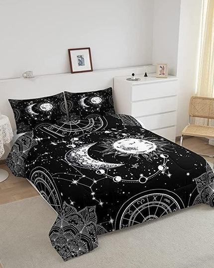Sun and Moon Bedding Set Constellation Galaxy Comforter Set for Kids Boys Girls Teens Psychedelic Boho Mandala Comforter Breathable Celestial Duvet Set Black White Room Decor Quilt Cover King Size - LeafyLoom