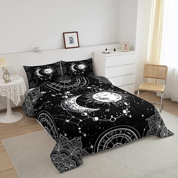 Sun and Moon Bedding Set Constellation Galaxy Comforter Set for Kids Boys Girls Teens Psychedelic Boho Mandala Comforter Breathable Celestial Duvet Set Black White Room Decor Quilt Cover King Size - LeafyLoom