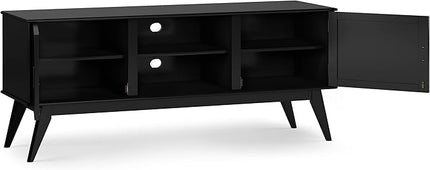 SIMPLIHOME Draper SOLID HARDWOOD 60 Inch Wide Mid Century Modern Low TV Media Stand in Black for TVs up to 65 Inches, For the Living Room and Entertainment Center - LeafyLoom