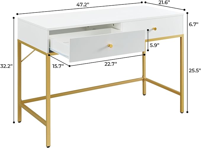 SUPERJARE Vanity Desk with Drawers, 47 inch Computer Desk, Modern Simple Home Office Desks, Makeup Dressing Table for Bedroom - White and Gold - LeafyLoom
