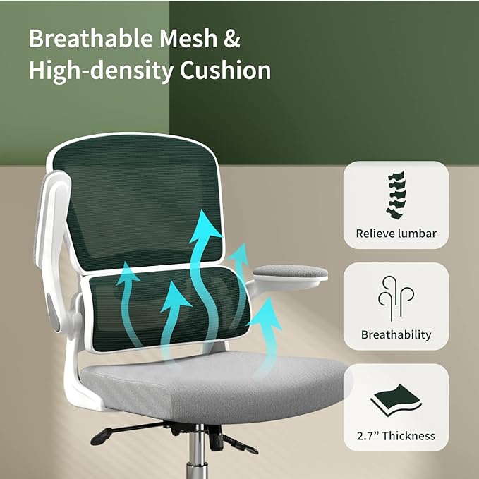 Ergonomic Office Chair, Breathable Mesh Chair with Adjustable Height, Computer Chair with a Double Lumbar Support and Flip-up Arms, Home Office Desk Chair with 90°-130° Tilt Function - LeafyLoom