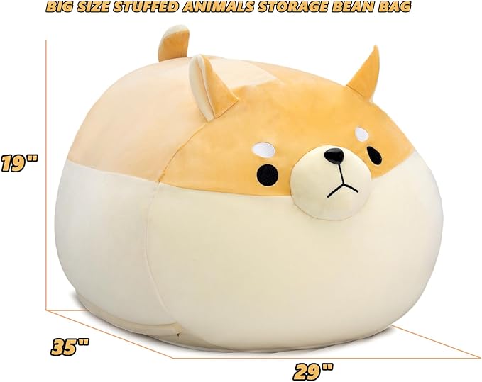 Stuffed Animal Storage Bean Bag Chair Cover for Kids Yellow Dog Shiba Inu Bean Bag Chair for Girls XX-Large Size Toy Organizer Cover Only Without Filling - LeafyLoom