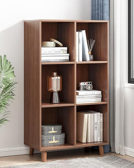 IOTXY Open Cube Low Bookcase - 3-Tier Freestanding Storage Display Cabinet Organizer with Legs for Home Office, 6-Cubes Open Shelf Short Bookshelf, Walnut - LeafyLoom