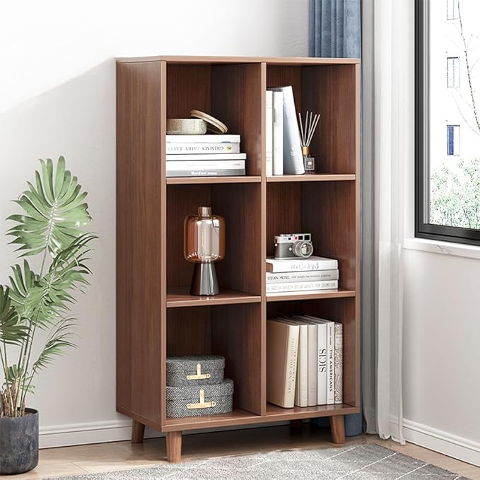 IOTXY Open Cube Low Bookcase - 3-Tier Freestanding Storage Display Cabinet Organizer with Legs for Home Office, 6-Cubes Open Shelf Short Bookshelf, Walnut - LeafyLoom