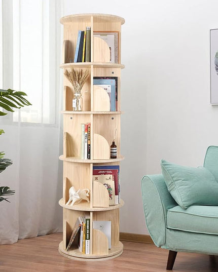 Rotating Bookshelf, 360 Display 5 Tier Floor Standing Bookcase Storage Rack for Kids&Adult, Wood Narrow Book Shelf Organizer for Bedroom, Living Room, Study Room(63 * 18.1 * 18.1inch) - LeafyLoom