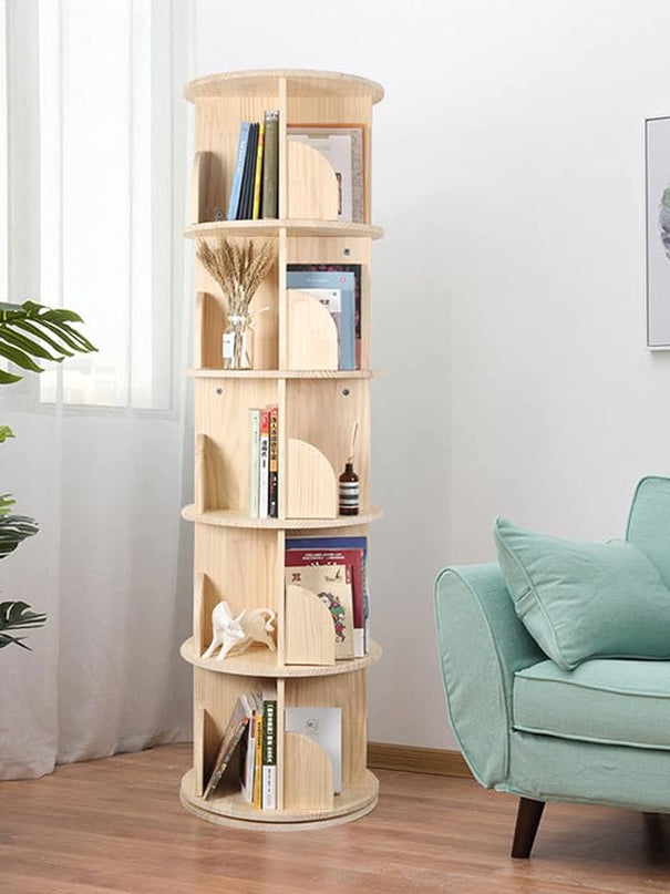 Rotating Bookshelf, 360 Display 5 Tier Floor Standing Bookcase Storage Rack for Kids&Adult, Wood Narrow Book Shelf Organizer for Bedroom, Living Room, Study Room(63 * 18.1 * 18.1inch) - LeafyLoom