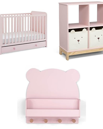 Delta Children babyGap Graham 4-in-1 Convertible Crib with Storage Drawer + Brannan Bear Bookcase with Bins + Brannan Bear Wall Shelf with 4 Hooks, Blush Pink/Dark Pink (Bundle) - LeafyLoom