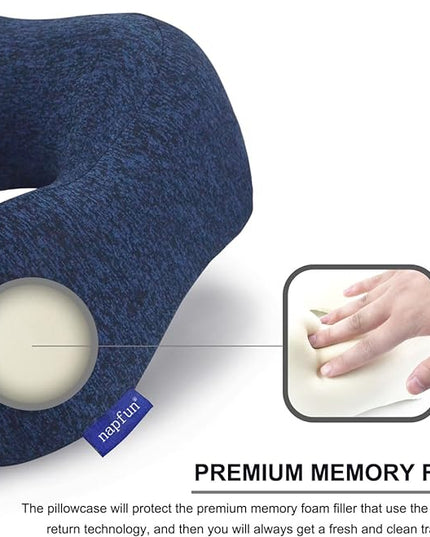 napfun Neck Pillow for Traveling, Upgraded Travel Neck Pillow for Airplane 100% Pure Memory Foam Travel Pillow for Flight Headrest Sleep, Portable Plane Accessories, Full Dark Blue, Medium (120-200LB) - LeafyLoom