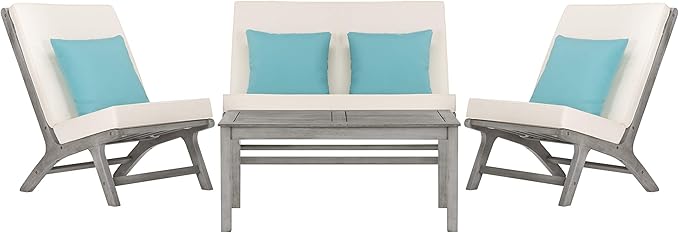 Safavieh PAT7044B Collection Chaston Wash and White and Light Blue 4 Pc Living Accent Pillows Outdoor Set, Grey/Beige Soild - LeafyLoom