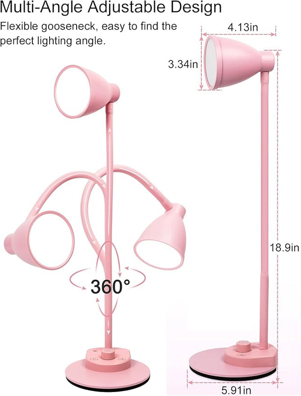 BOHON Cute Desk Lamp with USB Charging Port, Pink Lamp 3 Color Modes Dimmable Reading Lamp, Flexible Gooseneck Table Light Auto Dimming Task Lamp, LED Desk Light for Home Office Dorm Bedside, Pink - LeafyLoom