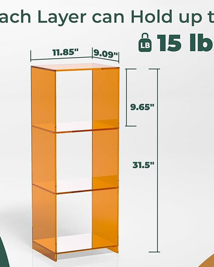 Acrylic Bookcase, 3 Tier Clear Floor Standing Bookshelf, 31.5 inch Tall Display Cube Storage Shelf Home Decor Furniture for Home, Office, Living Room, Bedroom - Transparent Orange - LeafyLoom