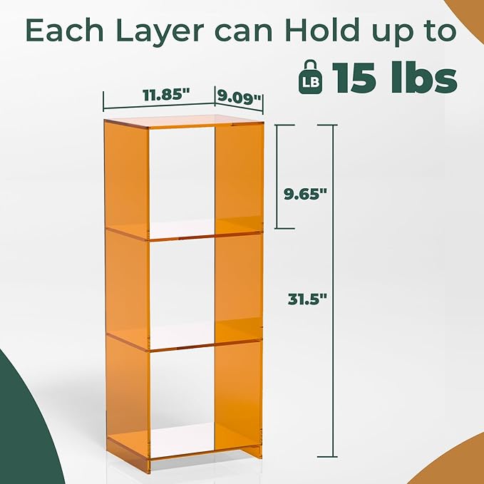 Acrylic Bookcase, 3 Tier Clear Floor Standing Bookshelf, 31.5 inch Tall Display Cube Storage Shelf Home Decor Furniture for Home, Office, Living Room, Bedroom - Transparent Orange - LeafyLoom