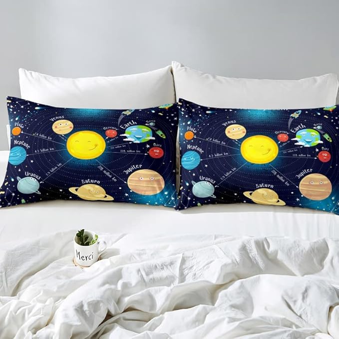 Erosebridal Outer Space Comforter Set Starry Sky Bedding Set Twin Size for Kids Boys Girls Room Galaxy Planet Space Duvet Sets Solar System Cartoon Down Comforter 2 Pieces with 1 Pillow Case, Blue - LeafyLoom