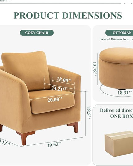 COLAMY Velvet Accent Chair with Storage Ottoman Set of 2, Upholstered Barrel Arm Chair with Footrest, Modern Living Room Chair with Back Pillow, Cream - LeafyLoom