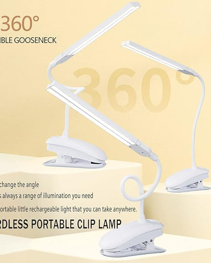 Dual Head LED Desk Lamp with Clamp, Eye-Caring Clip on Lights for Home Office, 3500mAh Rechargeable Battery Operated Table Lamps,3 Lighting Modes & Brightness Dimmer Light for Kids Students - LeafyLoom