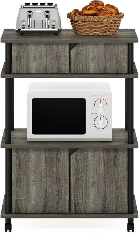 Furinno Turn-N-Tube Kitchen Storage Cart with Cabinet and Lockable Wheels, French Oak Grey/Black - LeafyLoom