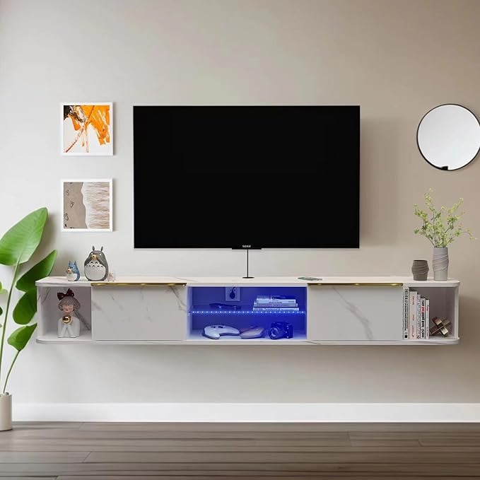Pmnianhua LED Floating TV Stand with 2 Drawers,78'' Floating TV Shelf with LED Lights,Wall Mounted Media Console,Floating Entertainment Center with Storage for Bedroom Playroom Living Room(White) - LeafyLoom