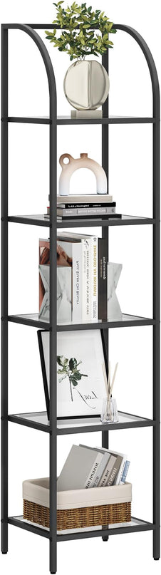 Bookcase Bookshelf, Tempered Glass Arched Bookshelf for More Storage, Slim Shelving Unit for Bedroom, Bathroom, Home Office, Steel Frame, 5 Tier Black BC20599B - LeafyLoom