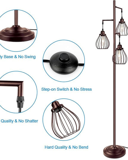 Lakumu Floor Lamp for Living Room, Brown Floor Standing Lamp with 3 Elegant Teardrop Cage Heads & ST58 4W 2700K Edison LED Bulbs, Sturdy Base Tall Vintage Pole Light, Rustic Floor Lamp for Bedroom - LeafyLoom