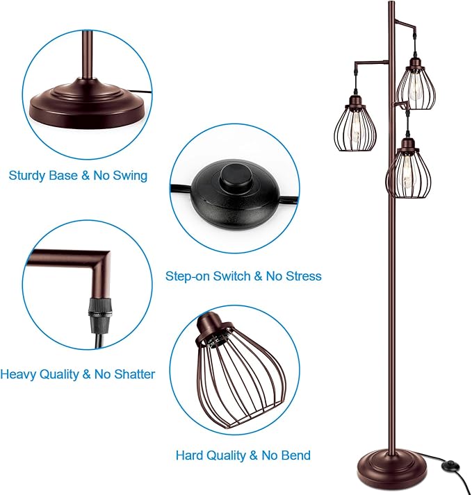 Lakumu Floor Lamp for Living Room, Brown Floor Standing Lamp with 3 Elegant Teardrop Cage Heads & ST58 4W 2700K Edison LED Bulbs, Sturdy Base Tall Vintage Pole Light, Rustic Floor Lamp for Bedroom - LeafyLoom