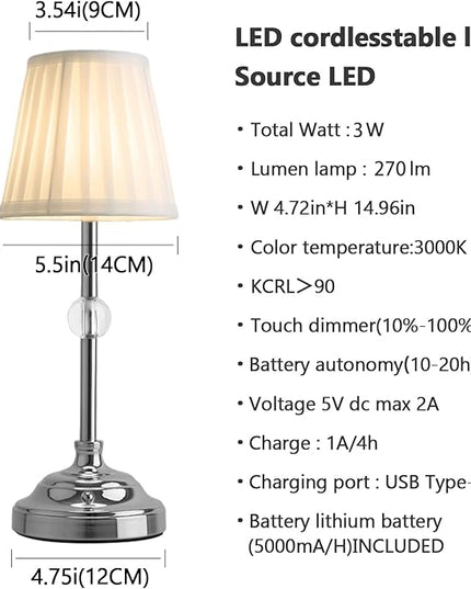 Modern Cordless Table Lamps,5000mAh Rechargeable Battery Operated Table lamp,Chrome Fabric Shade Table Lamps,Portable Touch Desk Lamp with Dimming 3000K LED Night Light for Bedroom/Bedside/Dining Room - LeafyLoom