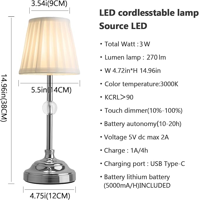 Modern Cordless Table Lamps,5000mAh Rechargeable Battery Operated Table lamp,Chrome Fabric Shade Table Lamps,Portable Touch Desk Lamp with Dimming 3000K LED Night Light for Bedroom/Bedside/Dining Room - LeafyLoom
