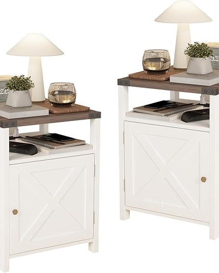 Farmhouse Nightstand Set of 2 with Charging Station, Rustic End Table Bedroom with Storage Living Room Side Table White Night Stand Industrial Bedside Bed Table with USB Ports and Outlets - LeafyLoom