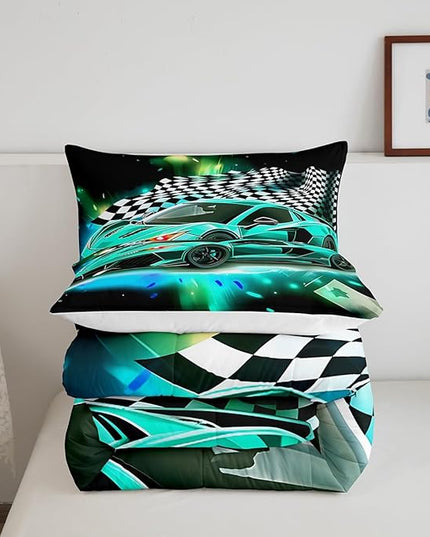 Teal Race Car Comforter Set Queen Size, Black White Lattice Bedding Set 2pcs for Kids Boys Teens Room Decor,Extreme Sport Games Quilt Set,Cool Modern Duvet Insert with 2 Pillowcases - LeafyLoom