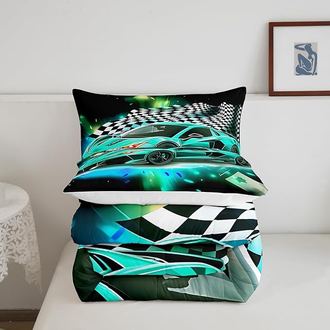 Teal Race Car Comforter Set Queen Size, Black White Lattice Bedding Set 2pcs for Kids Boys Teens Room Decor,Extreme Sport Games Quilt Set,Cool Modern Duvet Insert with 2 Pillowcases - LeafyLoom