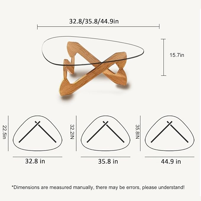 Triangle Coffee Table Glass Coffee Table for Living Room Clear Glass Coffee Table with Solid Wood Base Mid Century Modern Coffee Table for Small Spaces (Wood-Transparent, 32.3in) - LeafyLoom