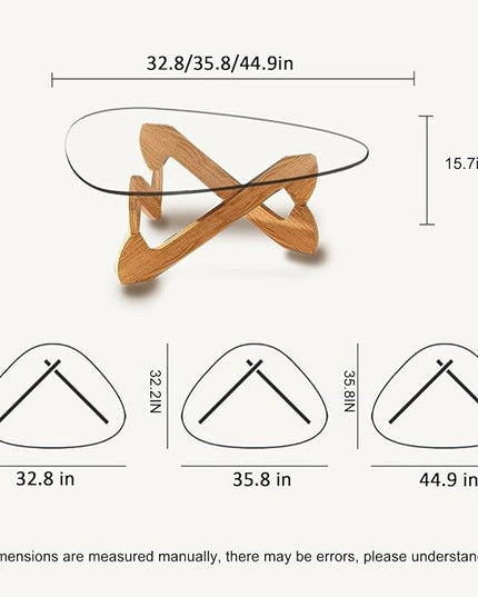 Triangle Coffee Table Glass Coffee Table for Living Room Clear Glass Coffee Table with Solid Wood Base Mid Century Modern Coffee Table for Small Spaces (Wood-Transparent, 35.8in) - LeafyLoom