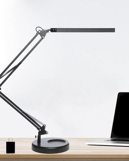 LED Desk Lamp with Clamp and Round Base, Swing Arm Eye Caring Table Lamp, 3 Color Modes 10 Brightness Levels, Memory Function Lamp with USB Adapter, Desk Light for Home Office 14W Black - LeafyLoom