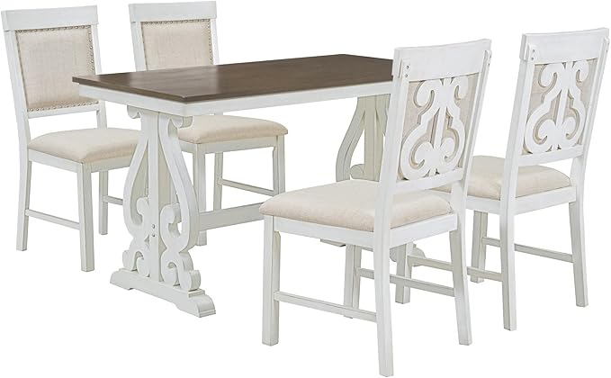 5-Piece Retro Dining Set with Rectangular Symmetrical Arc Pattern Design Wooden Table and 4 Upholstered Chairs, Kitchen Dinette Furniture for Living Room, Home Bar, Brown+White+Beige - LeafyLoom