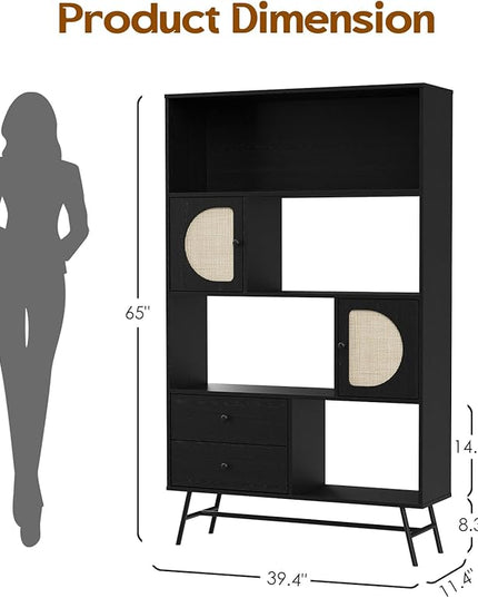 Soohow 4 Shelf Bookcase and Bookshelves with Drawer, 65” Tall Bookcases with Storage Shelves, Bookshelves and Bookcases with Rattan Cabinet and Metal Legs for Home Office, Living Room and Bedroom. - LeafyLoom