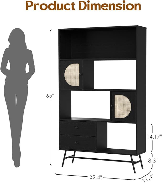 Soohow 4 Shelf Bookcase and Bookshelves with Drawer, 65” Tall Bookcases with Storage Shelves, Bookshelves and Bookcases with Rattan Cabinet and Metal Legs for Home Office, Living Room and Bedroom. - LeafyLoom
