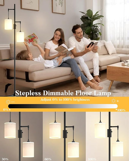 65IN Dimmable (Brightness Adjustable) Tree Floor Lamp, Mid Century Tall Standing Lamps with 2 E26 3000K LED Bulbs, Fabric Shades, Industrial Modern Floor Lamp for Living Room Bedroom - LeafyLoom
