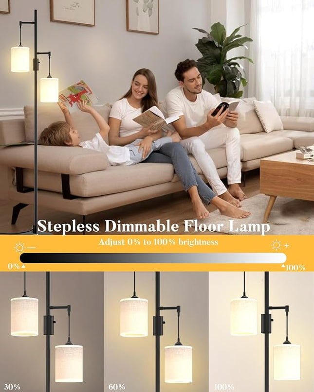 65IN Dimmable (Brightness Adjustable) Tree Floor Lamp, Mid Century Tall Standing Lamps with 2 E26 3000K LED Bulbs, Fabric Shades, Industrial Modern Floor Lamp for Living Room Bedroom - LeafyLoom