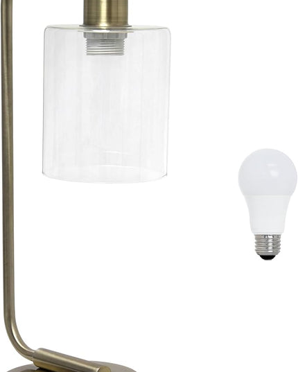 Simple Designs LD1036-ABS-LB 18.8" Industrial Bronson Antique Style Iron Lantern Desk Table Lamp with Glass Shade for Office, Living Room, Bedroom, Antique Brass, with Feit LED Bulb Included - LeafyLoom