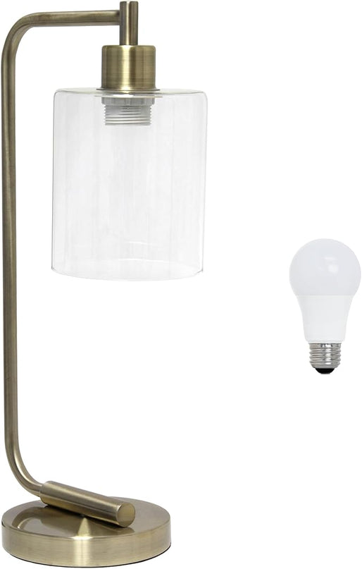 Simple Designs LD1036-ABS-LB 18.8" Industrial Bronson Antique Style Iron Lantern Desk Table Lamp with Glass Shade for Office, Living Room, Bedroom, Antique Brass, with Feit LED Bulb Included - LeafyLoom