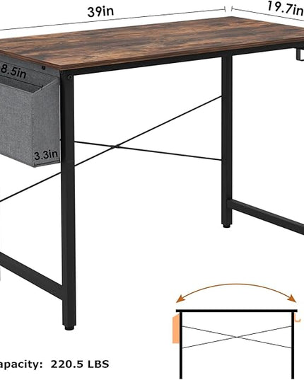 Small Computer Desk, 39 Inch Home Office Desks, Study Workstation PC Laptop Table with Storage Bag, Modern Simple Industrial Style Writing Desks - LeafyLoom