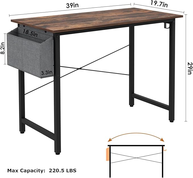 Small Computer Desk, 39 Inch Home Office Desks, Study Workstation PC Laptop Table with Storage Bag, Modern Simple Industrial Style Writing Desks - LeafyLoom