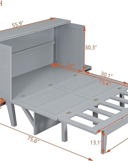 Murphy Bed Full Size with USB Port and Removable Shelves on Each Side, Wooden Platform Bedframe Foldable into Wall Cabinet, Space Saving, for Bedroom Guest Room Office, Gray - LeafyLoom