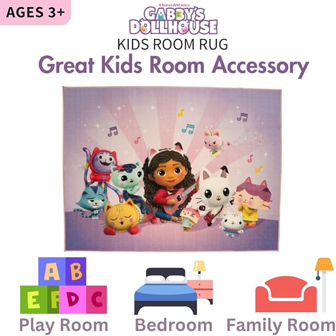 Franco DreamWorks Gabby's Dollhouse Kids Room Non Slip Area Rug, 69 in x 52 in, (Official Licensed Product) - LeafyLoom