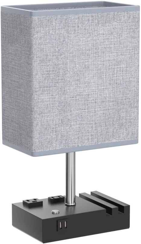 Fully Dimmable Table lamp, Lamps with Two Phone Stands and AC Outlet, Bedside Lamp with Two LED Bulb for Bedroom, Living Room,Study(Set of 2) Light Grey - LeafyLoom