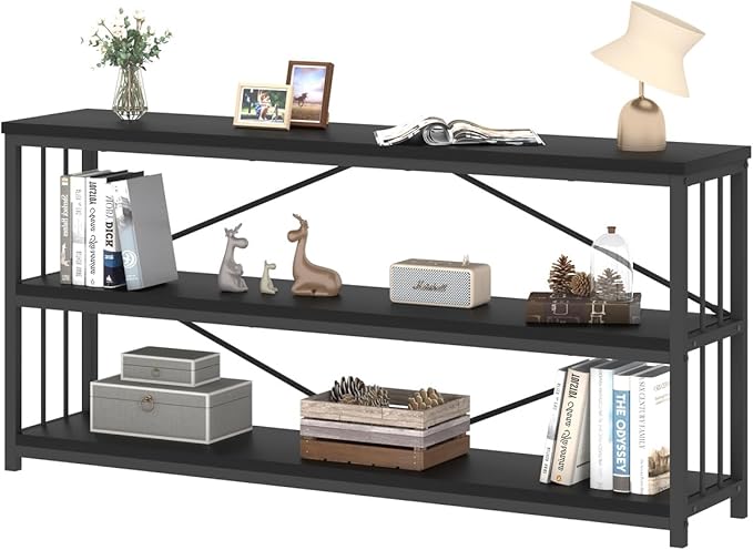 IBF 63" Black Low Horizontal Bookcase, Modern Long Wood Metal 3 Tier Book Shelf, Farmhouse Vintage Big open sturdy Bookshelf, Simple Large Wide Etagere for home living room office bedroom, Black Oak - LeafyLoom