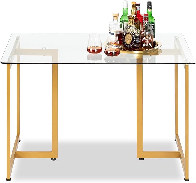 FurnitureR Tempered Glass Dining 47.2 inches Dinner Table for 4-6 Persons Modern Rectangular Spacious Tabletop & Gold Legs Elegant for Home Kitchen Living Room Restaurant, 47 Inches - LeafyLoom